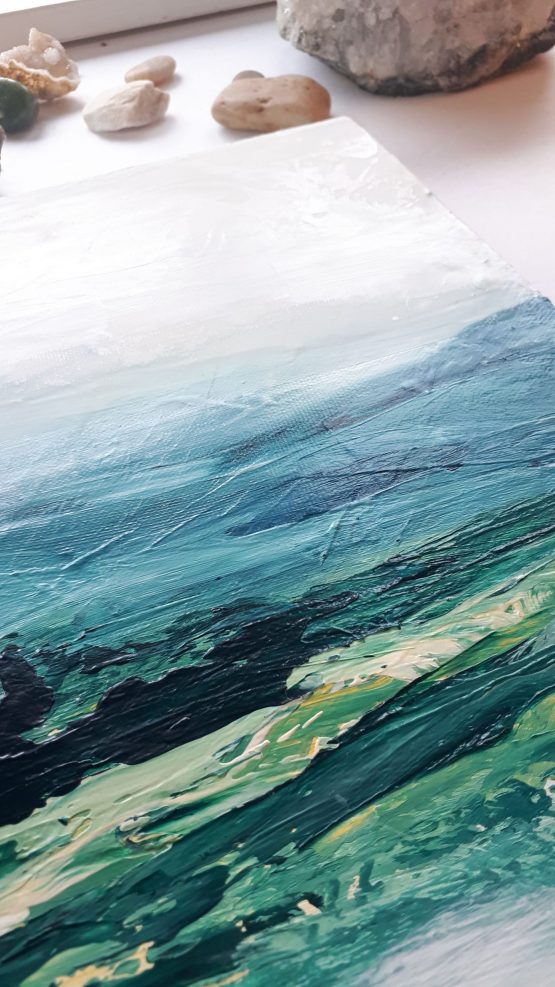 Detail of highly textured blue, green abstract mountains against a white sky large art print