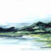 Abstract Mountain Landscape Painting, with green and blue mountains against the white sky and white ocean below.