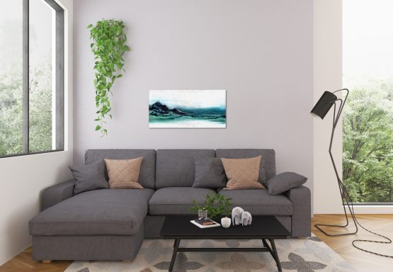Textured blue, green abstract mountains against a white sky large art print in a white bedroom with a potted fig