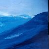 Texture Detail 1 of large landscape painting with textured flowing blue mountains against a lavender and pink sunset sky
