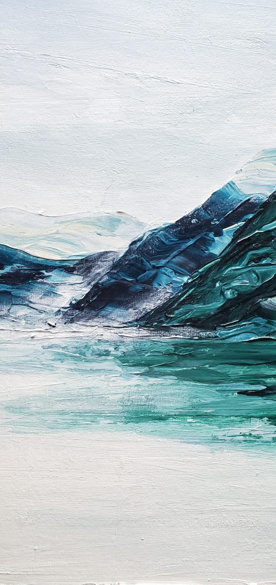 detail of misty pnw lake painting with blue and green mountains and white and bluewater