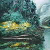 Detail Misty tree painting with dark green trees on a grey lake painting