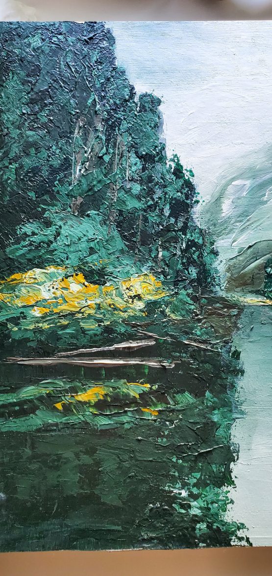 Detail Misty tree painting with dark green trees on a grey lake painting