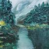 Detail Misty tree painting with dark green trees on a grey lake painting