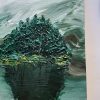 Detail Misty tree painting with dark green trees on a grey lake painting