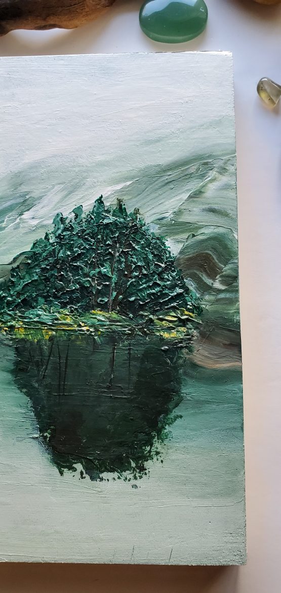 Detail Misty tree painting with dark green trees on a grey lake painting