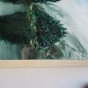 Detail Misty tree painting with dark green trees on a grey lake painting