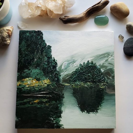 Misty tree painting with dark green trees on a grey lake painting