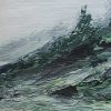 Misty Beach painting with dark green foliage and trees shrouded in mist along a dark sandy beach