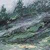 Misty Beach painting with dark green foliage and trees shrouded in mist along a dark sandy beach