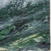 Misty Beach painting with dark green foliage and trees shrouded in mist along a dark sandy beach