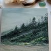 Misty Beach painting with dark green foliage and trees shrouded in mist along a dark sandy beach