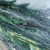 Up close texture detail of Misty Beach painting with dark green foliage and trees shrouded in mist along a dark sandy beach