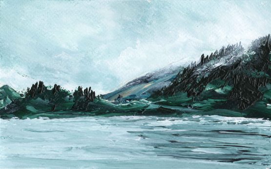 Misty Lake Painting with dark green wooded mountains and mist steaming off of the hills against a grey sky and grey water