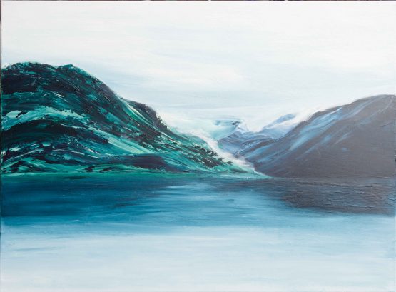 Blue and green mountains against a blue lake with a stormy sky misty storm painting